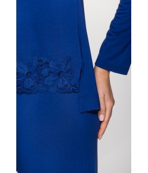 Ensemble pyjama en micromodal et dentelle bleu cobalt, haut tee-shirt long, pantalon droit