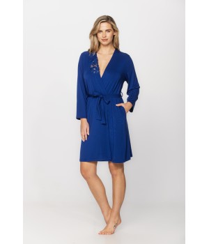 Gorgeous blue cobalt dressing gown in micromodal and lace with embroidery around the neckline