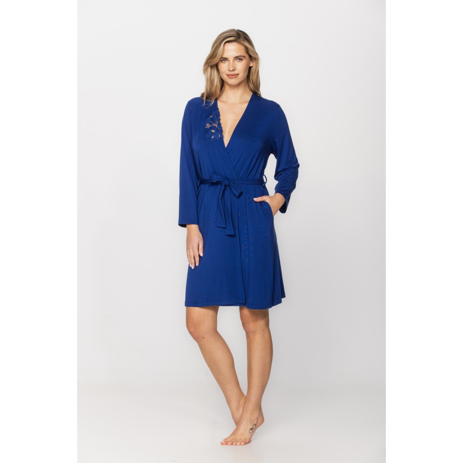 Gorgeous blue cobalt dressing gown in micromodal and lace with embroidery around the neckline