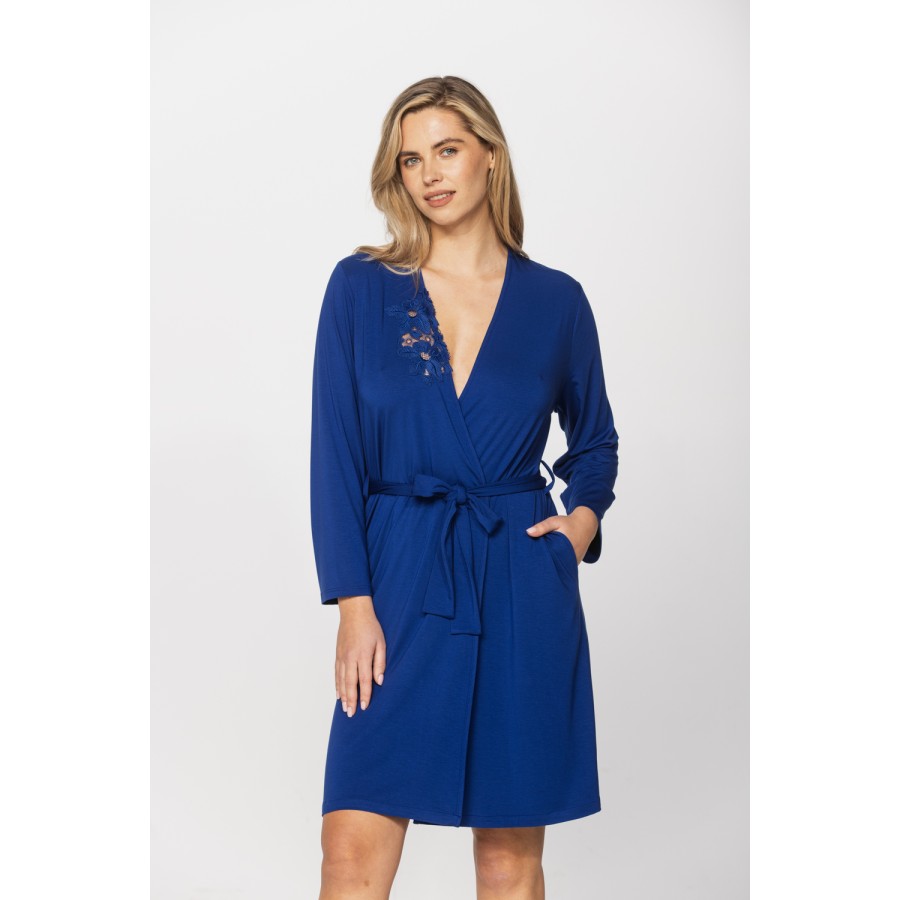 Gorgeous blue cobalt dressing gown in micromodal and lace with embroidery around the neckline