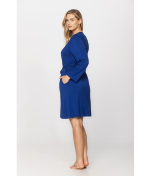 Gorgeous blue cobalt dressing gown in micromodal and lace with embroidery around the neckline