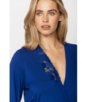 Gorgeous blue cobalt dressing gown in micromodal and lace with embroidery around the neckline