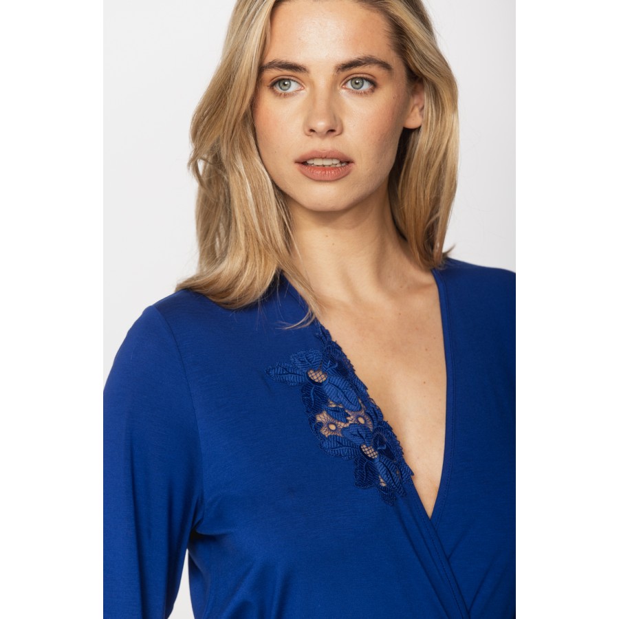 Gorgeous blue cobalt dressing gown in micromodal and lace with embroidery around the neckline