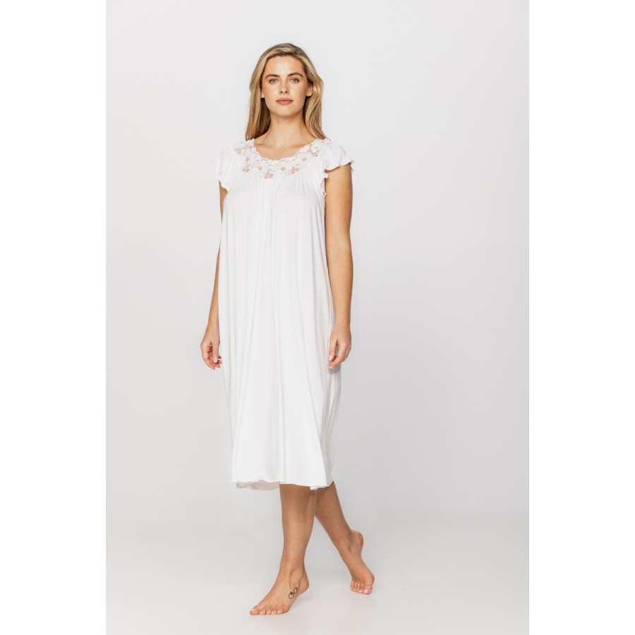 Loose-fitting, flared micromodal nightdress/lounge robe with short sleeves and a round neck