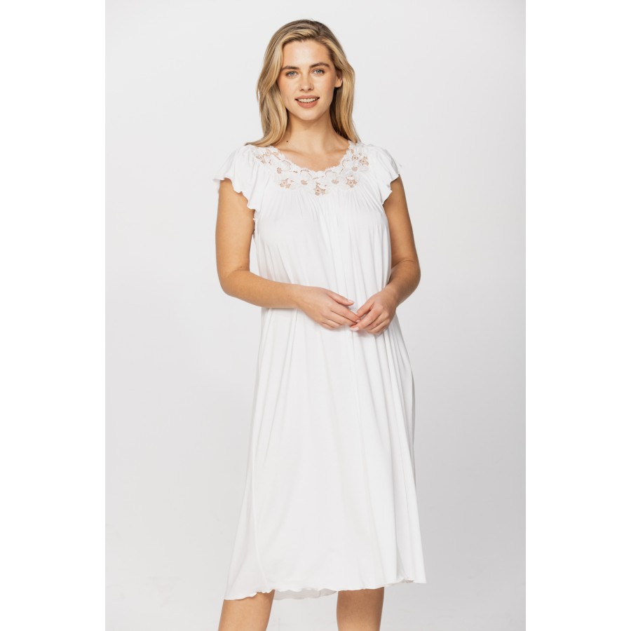 Loose-fitting, flared micromodal nightdress/lounge robe with short sleeves and a round neck