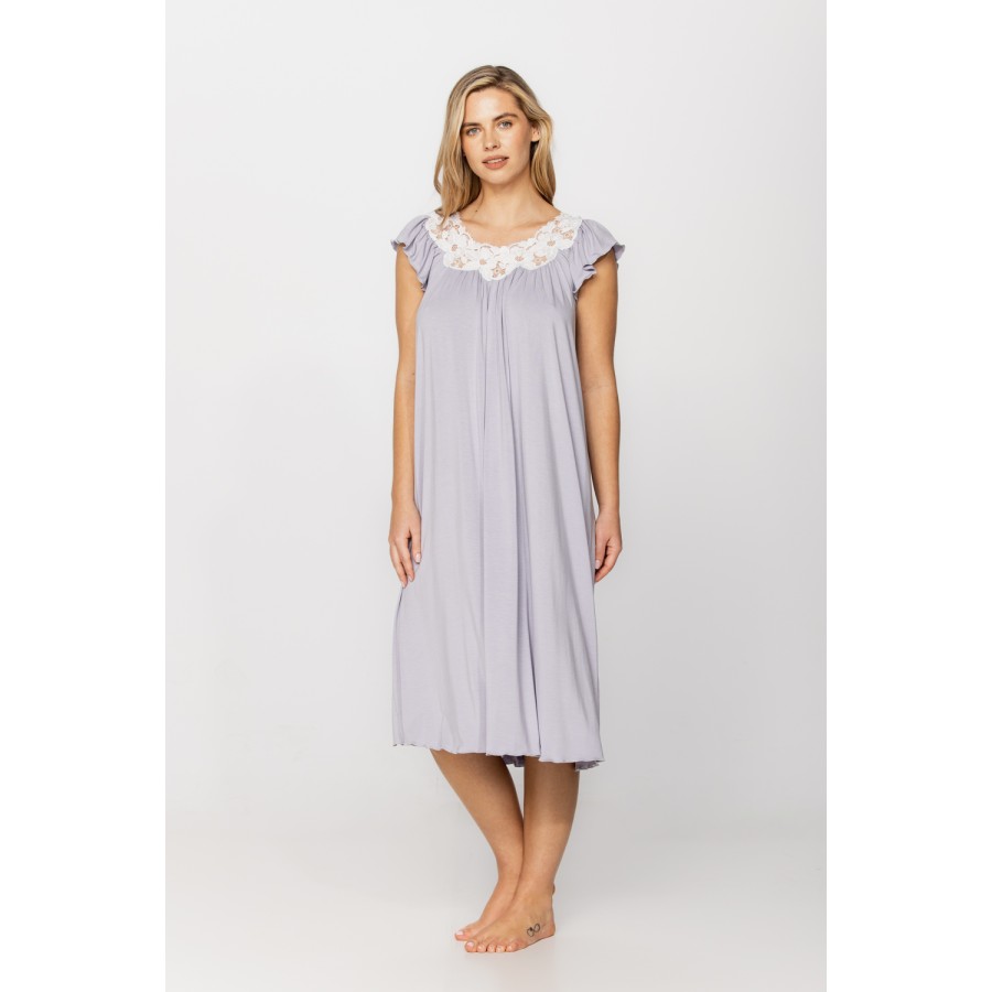 Loose-fitting, flared micromodal nightdress/lounge robe with short sleeves and a round neck