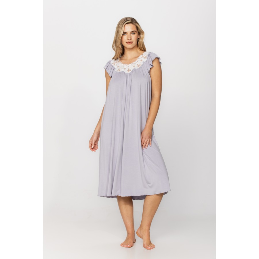 Loose-fitting, flared micromodal nightdress/lounge robe with short sleeves and a round neck