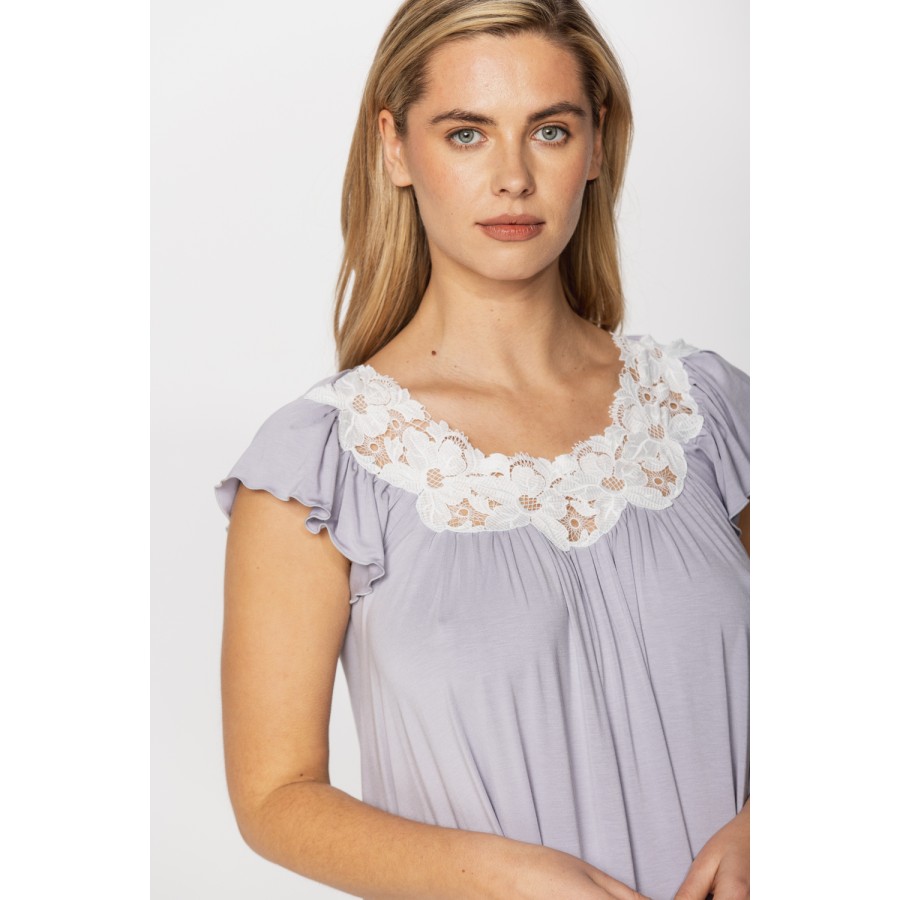 Loose-fitting, flared micromodal nightdress/lounge robe with short sleeves and a round neck