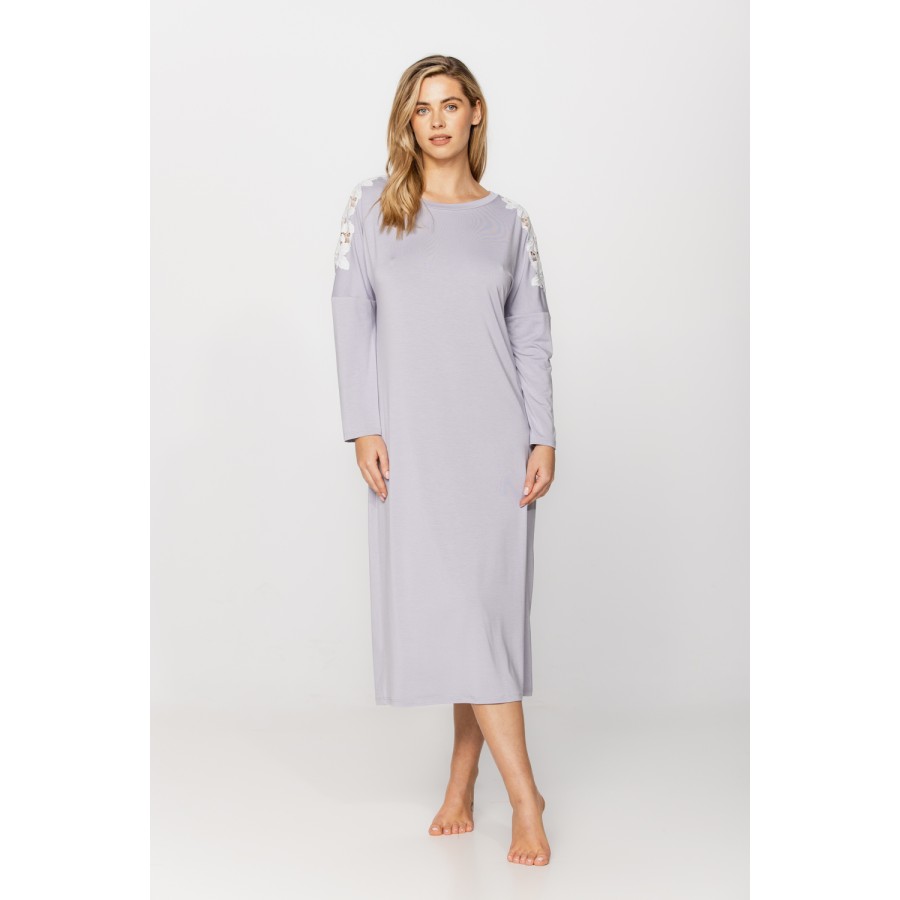 Long-sleeved micromodal and lace nightdress in a choice of two lengths