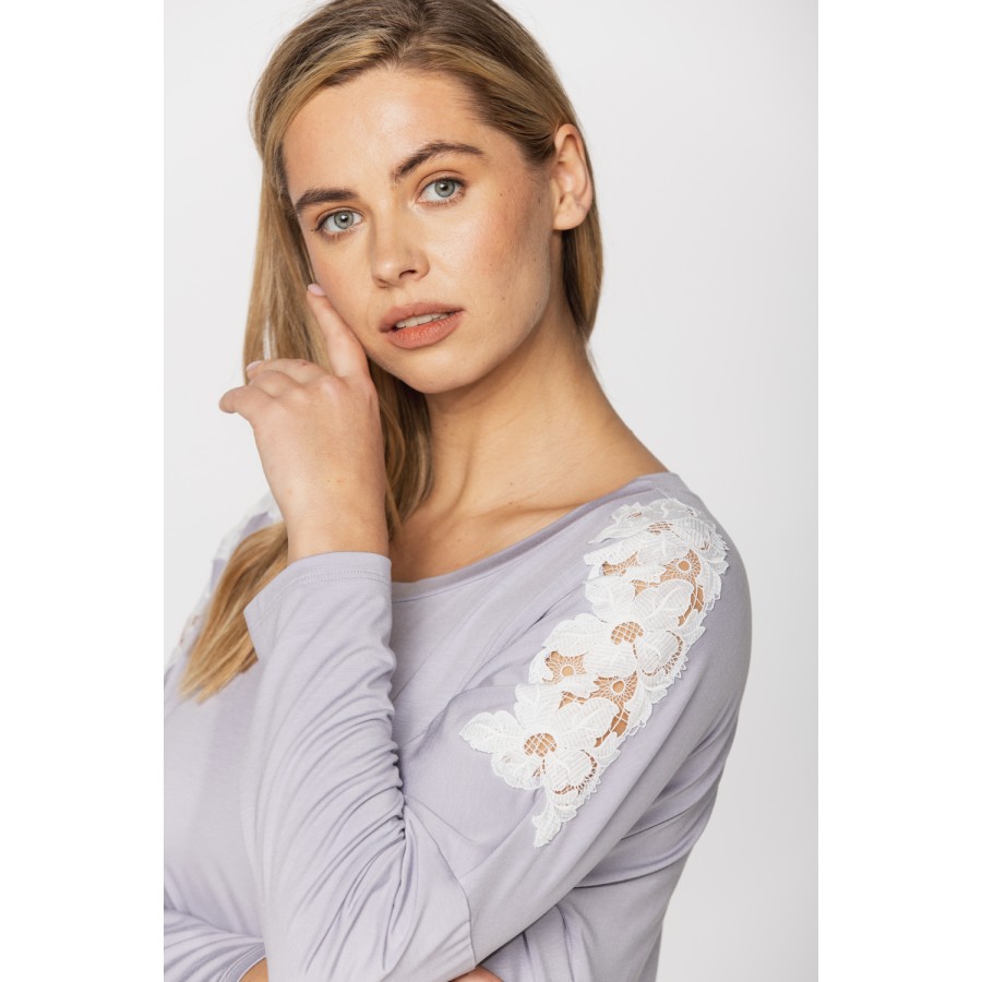 Long-sleeved micromodal and lace nightdress in a choice of two lengths