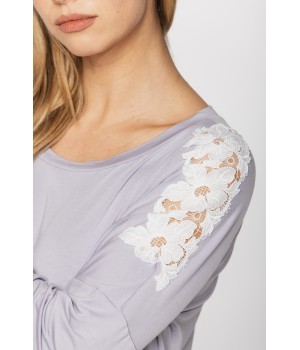 Long-sleeved micromodal and lace nightdress in a choice of two lengths