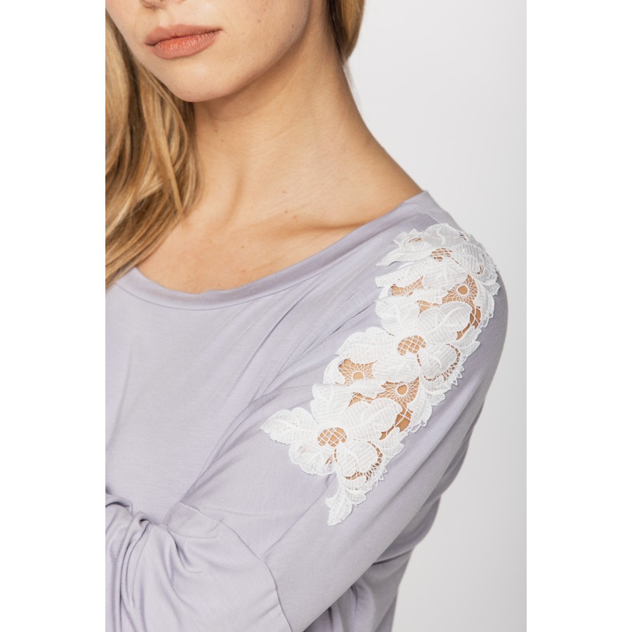 Chemise de nuit manches longues en micromodal et dentelle 2 longueurs au choix