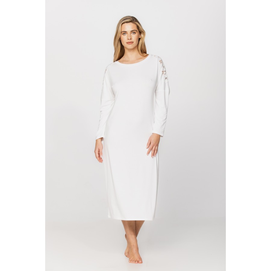 Long-sleeved micromodal and lace nightdress in a choice of two lengths