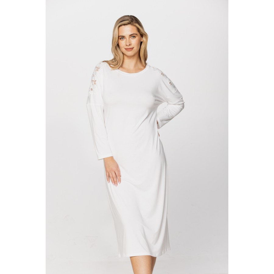 Long-sleeved micromodal and lace nightdress in a choice of two lengths