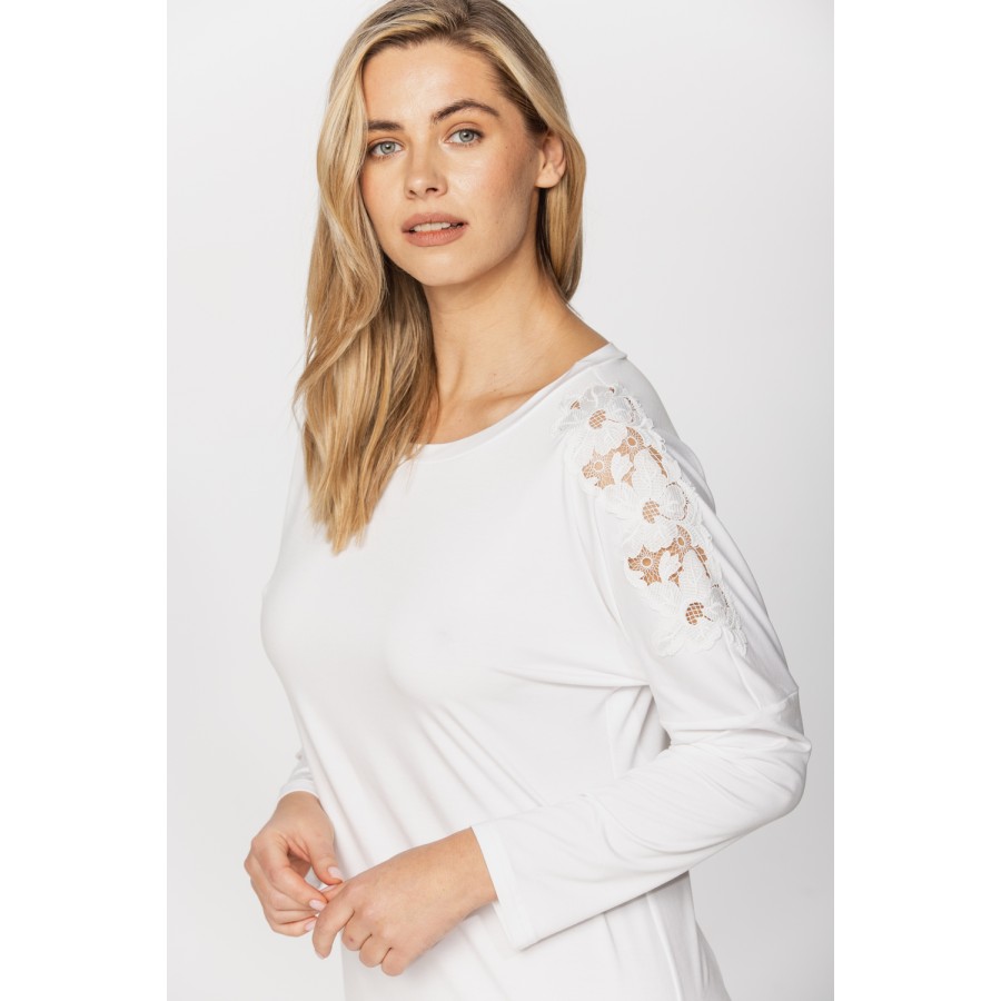 Long-sleeved micromodal and lace nightdress in a choice of two lengths