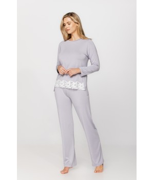 Flattering micromodal and lace pyjamas, long-sleeved T-shirt and straight-cut bottoms