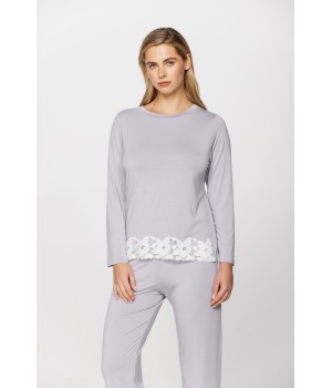 Ensemble pyjama seyant en micromodal et dentelle haut tee-shirt manches longues et pantalon droit