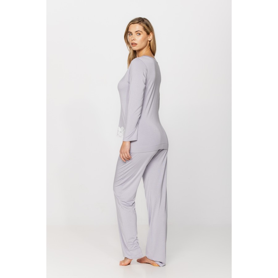 Ensemble pyjama seyant en micromodal et dentelle haut tee-shirt manches longues et pantalon droit