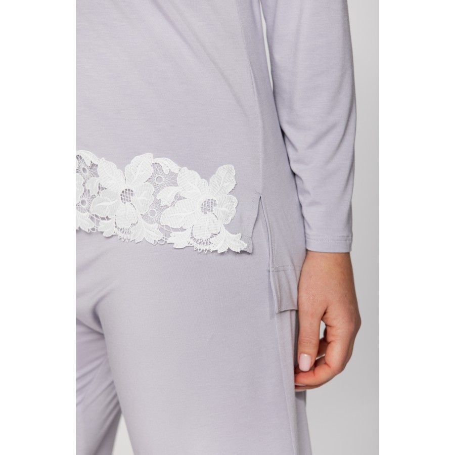 Ensemble pyjama seyant en micromodal et dentelle haut tee-shirt manches longues et pantalon droit