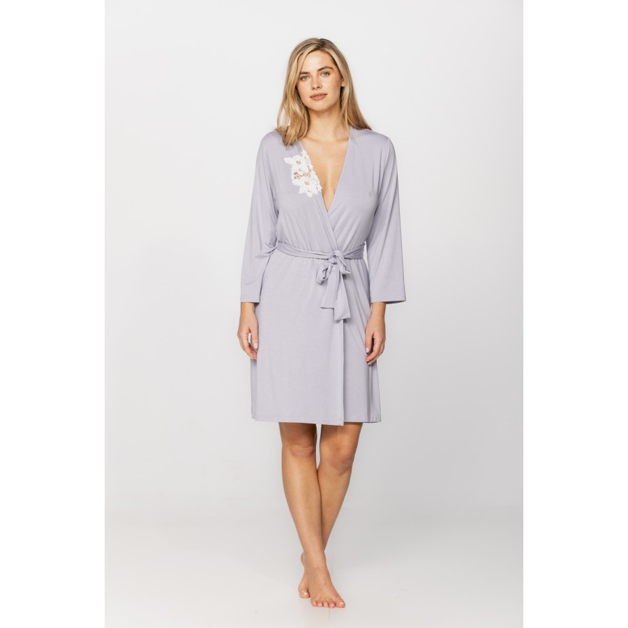 Elegant little micromodal dressing gown with long sleeves and lace at the neckline