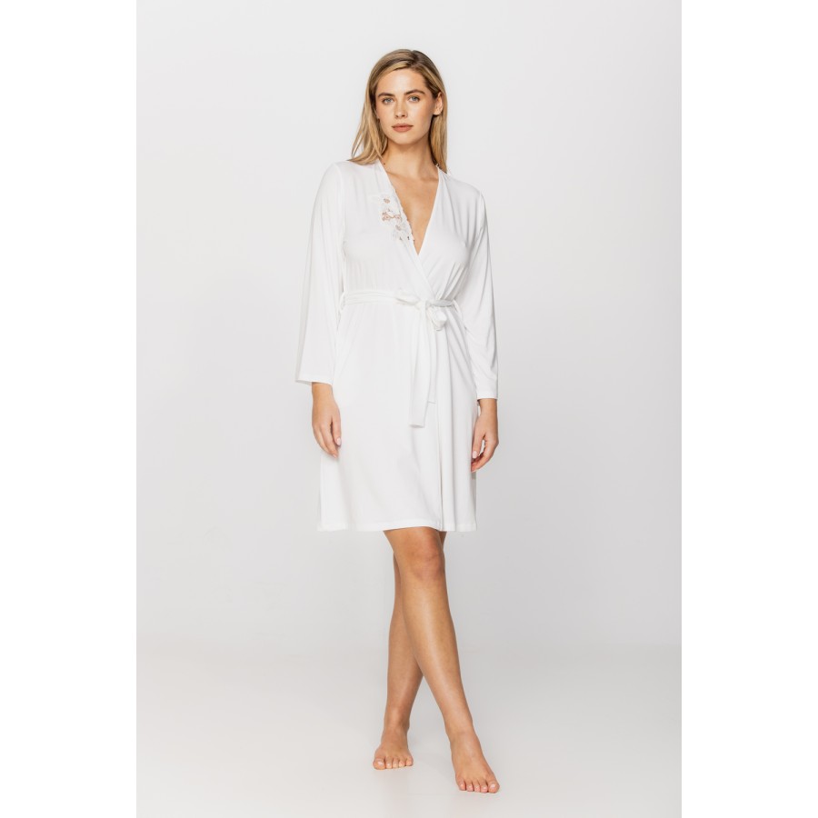 Elegant little micromodal dressing gown with long sleeves and lace at the neckline