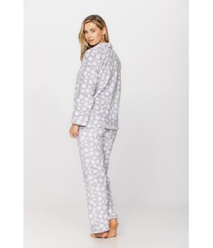 Warm velvet loungewear outfit, button-up top and straight-cut bottoms with floral print on a grey background