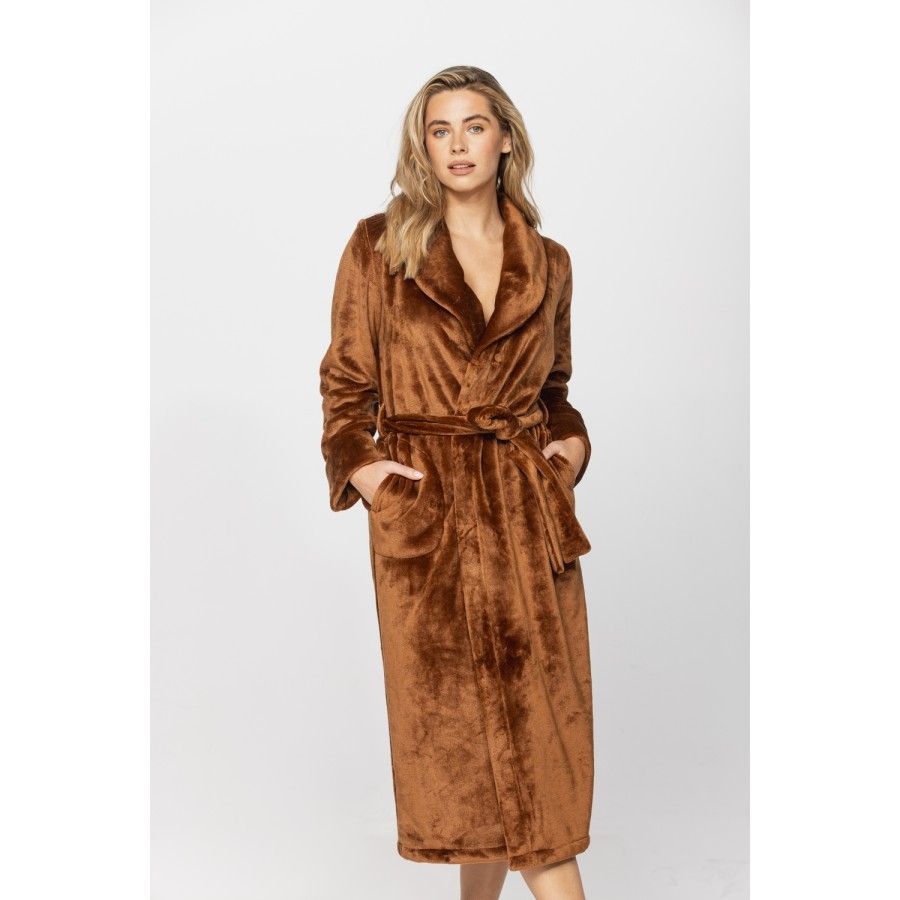 Langer Morgen-/Bademantel aus weichem Velours mit Schalkragen und Taschen an den Seiten