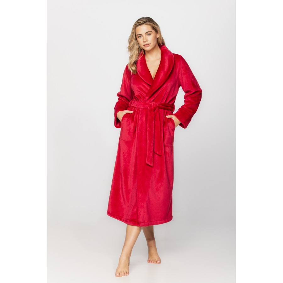 Long bathrobe in soft velvet with shawl collar and side pockets