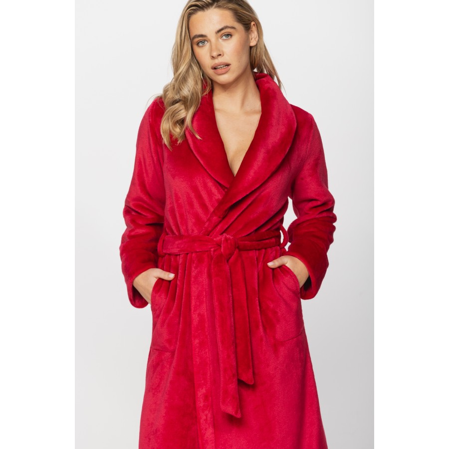 Long bathrobe in soft velvet with shawl collar and side pockets