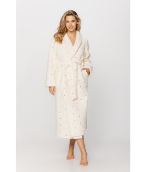 Long bathrobe in soft velvet, printed with little pink hearts on a cream background