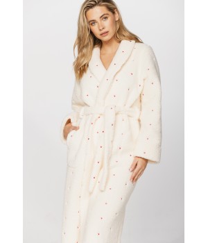 Long bathrobe in soft velvet, printed with little pink hearts on a cream background