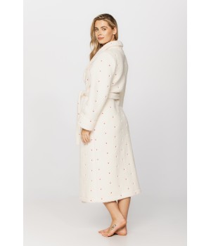 Long bathrobe in soft velvet, printed with little pink hearts on a cream background