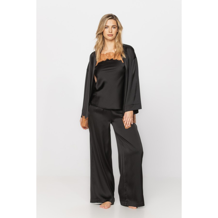 Ensemble 3 pièces en satin microfibre et dentelle, top fines bretelles, pantalon large et kimono