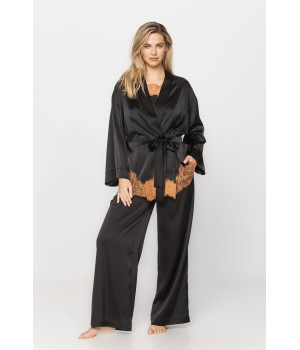 3-piece outfit in microfibre satin and lace, top with thin straps, wide bottoms and a kimono-style dressing gown