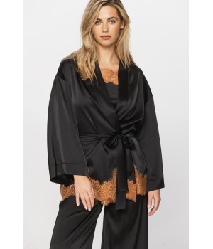 Dreiteiliges Ensemble aus Satin-Mikrofaser und Spitze: Oberteil mit Spaghettiträgern, weite Hose und Kimono