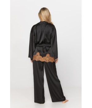 Ensemble 3 pièces en satin microfibre et dentelle, top fines bretelles, pantalon large et kimono