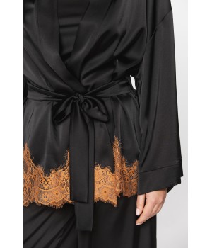 3-piece outfit in microfibre satin and lace, top with thin straps, wide bottoms and a kimono-style dressing gown