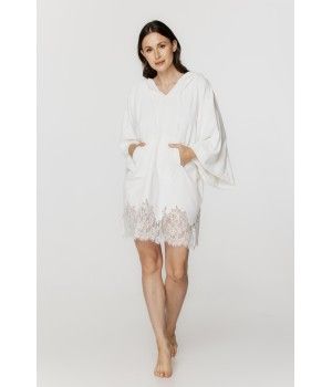 Für Damen: Poncho aus Baumwolle, Polyester und Spitze in Weiß, mit Kängurutasche und Kapuze