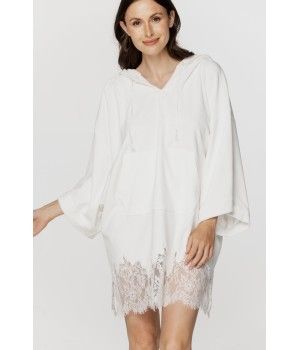 Poncho femme en coton et polyester blanc, poche kangourou, capuche et dentelle