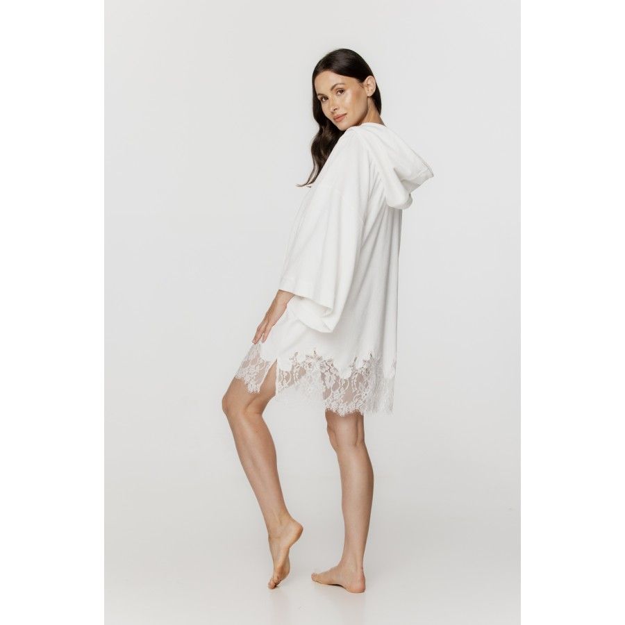 Für Damen: Poncho aus Baumwolle, Polyester und Spitze in Weiß, mit Kängurutasche und Kapuze