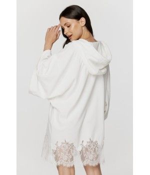 Für Damen: Poncho aus Baumwolle, Polyester und Spitze in Weiß, mit Kängurutasche und Kapuze