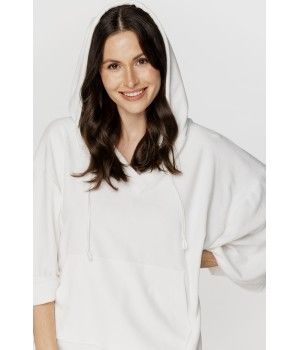 Für Damen: Poncho aus Baumwolle, Polyester und Spitze in Weiß, mit Kängurutasche und Kapuze