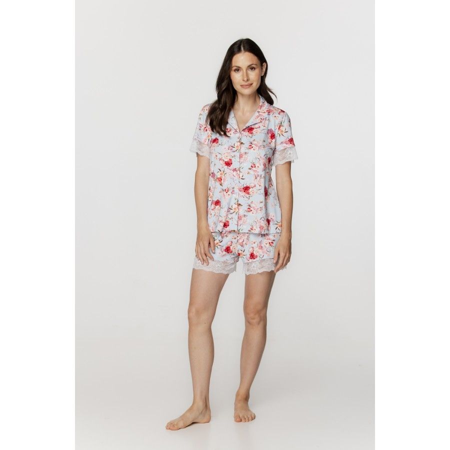 Für Damen: Ensemble für die Nacht aus Micromodal mit Blumenprint, kurzärmeliges Hemd-Oberteil und Shorts