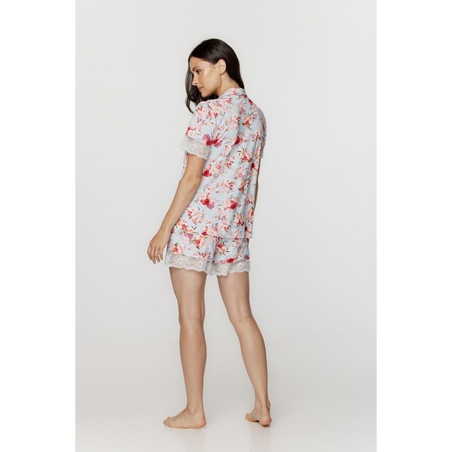 Für Damen: Ensemble für die Nacht aus Micromodal mit Blumenprint, kurzärmeliges Hemd-Oberteil und Shorts