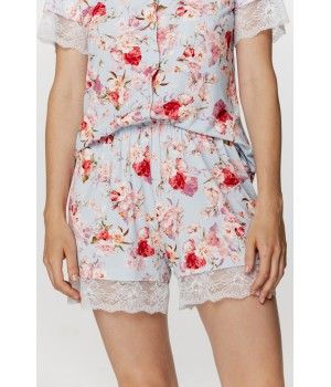 Ladies nightwear outfit in printed floral micromodal fabric with a nightshirt-style top and shorts