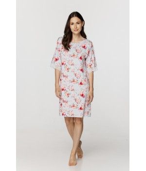 Chemise de nuit femme forme tunique, manches mi-longues en micromodal imprimé fleuri