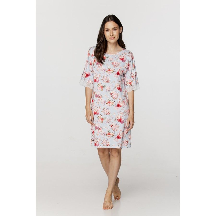 Ladies micromodal tunic-style nightdress with mid-length sleeves and a floral print