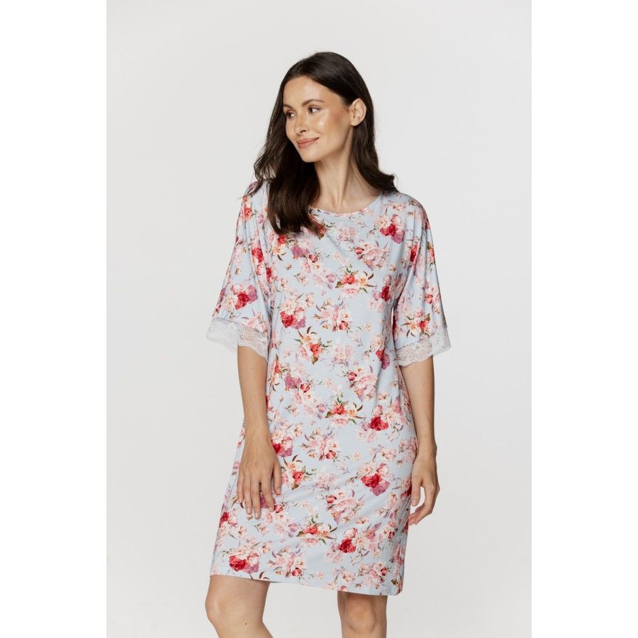 Für Damen: Nachthemd im Tunika-Stil aus Micromodal mit Blumenprint, halblange Ärmel