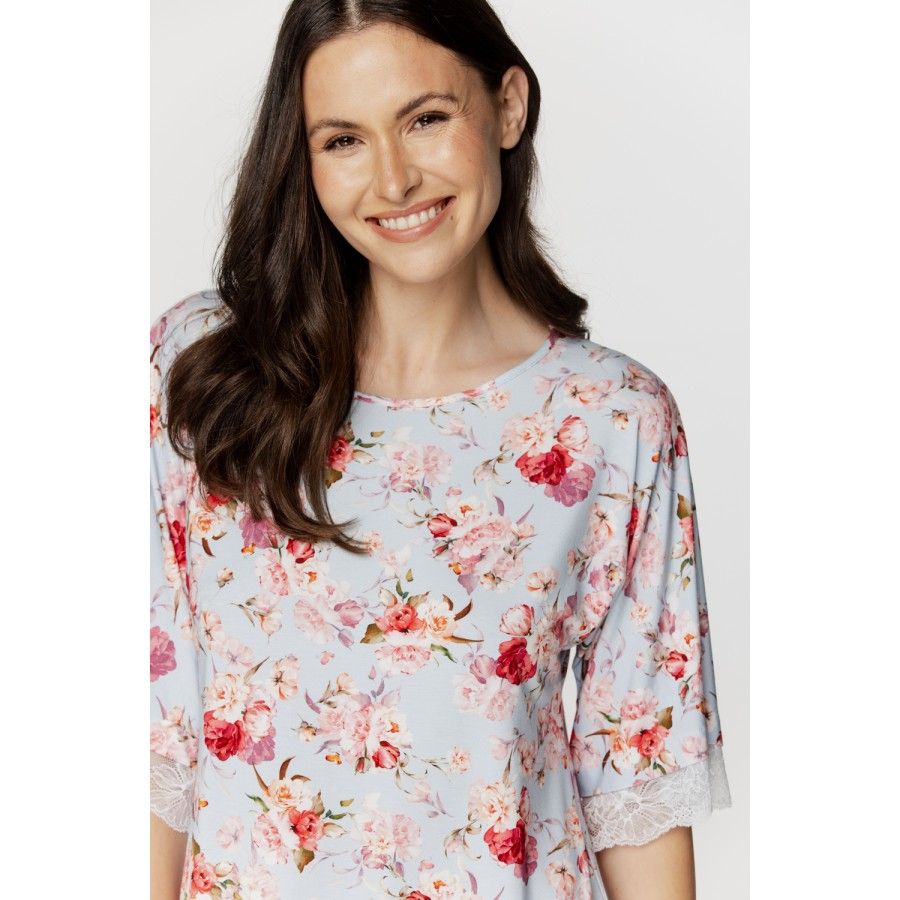 Chemise de nuit femme forme tunique, manches mi-longues en micromodal imprimé fleuri