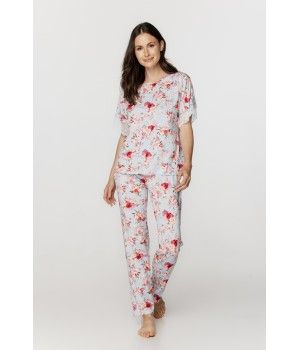 Ensemble pyjama femme en micomodal imprimé fleuri sur fond bleu manches courtes